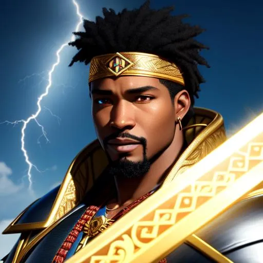 Prompt: african ronin, goatee, lightning, high detail, fatherly, detailed face, concept art, character art, gold headband, Jonathan Majors, thunder storm, 4k, electric blade, warrior, full torso, side lighting, rural village medieval, wolf rune emblem armor