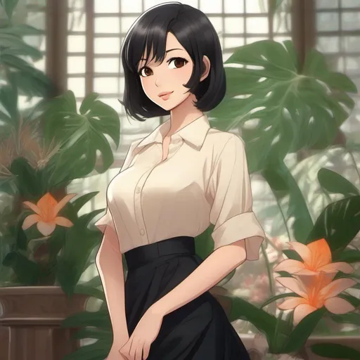 Prompt: anime, tropical flowers, pretty young Indonesian woman, 25 year old, (silk blouse, long black skirt), (round face, high cheekbones, almond-shaped brown eyes, slight epicanthic fold, short black hair, small delicate nose, slightly flattened nose bridge, wide nasal base, full luscious lips, light tan skin), perfect hourglass figure, attractive makeup, by Naoko Takeuchi