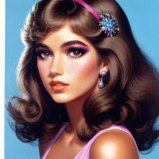 Prompt: a pretty girl , disco era, circa 1978, 70s stylish hair and makeup, facial closeup