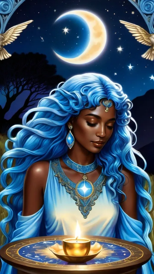 Prompt: Three mystical figures with glowing dark skin and flowing blue hair, moonlit clearing, Three of Cups tarot card, symbols of celebration and unity, joyful promise, professional, highres, mystical, detailed hair, moonlit scene, vibrant blue hair, glowing skin, symbolic, unity, joyous celebration, moonlit clearing, magical essence, atmospheric lighting, moonlit setting, high quality, detailed, mystical figures
