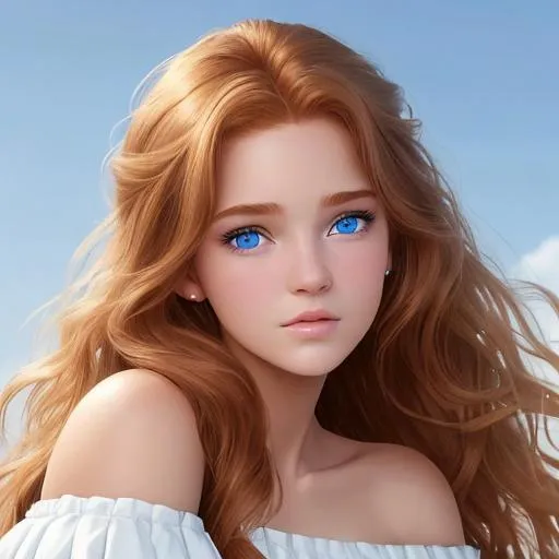 Prompt: A yearbook photo of a 16 year-old girl, Blue eyes and light brown-ish ginger hair, wearing an off-the-shoulder white cropped shirt and a ruffled white skirt, photo realistic, Artstation, Vivid colors 