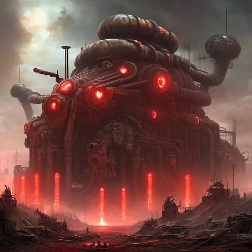 Prompt: Evil dictatorship, red lights, Biological mechanical war machine, fantasy art style, dystopian, apocalyptic, explosion, nuclear weapons, painting, guns, soldiers 