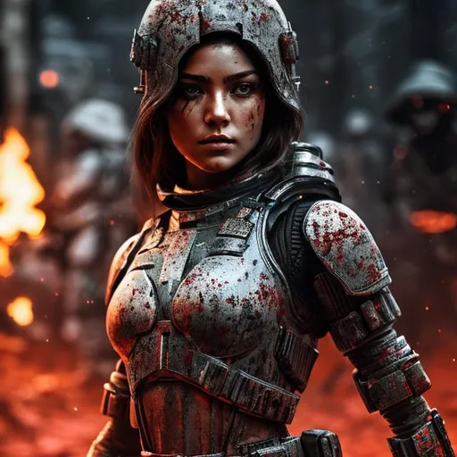 Prompt: create a photograph of beautiful  fictional elite space soldier female who is battle-scarred in war ,and covered in blood, extremely detailed environment, detailed background, intricate, detailed skin, natural colors , professionally color graded, photorealism, 8k, moody lighting