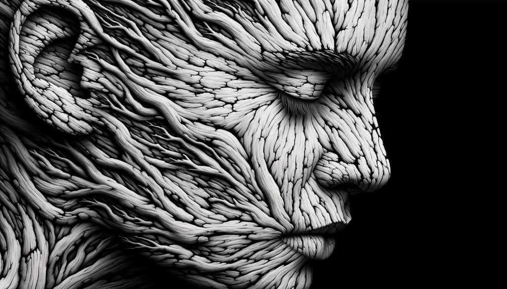 Prompt: Edge-to-edge wide black and white canvas portraying a face with skin texture evocative of bark and branches, covering the entire image space without any borders, symbolizing the intertwining of human and nature with realistic shadows.