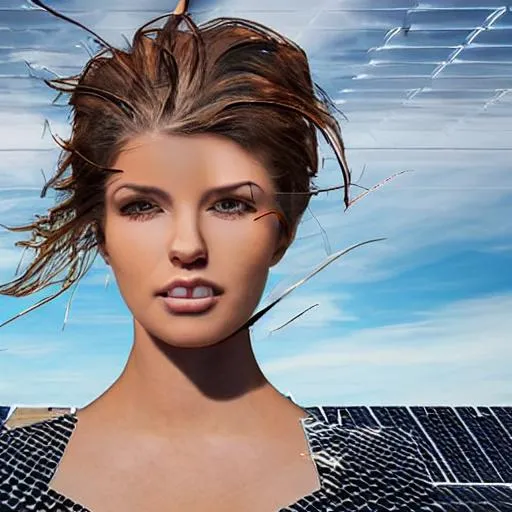 Prompt: Beautiful woman photorealistic made from wing turbines and solar panels.