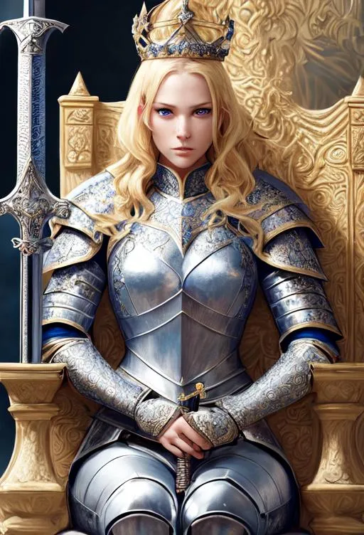 Prompt: Gorgeous women as a knight, detailed face, wearing fancy armor, blonde, blue eyes, handling a sword, wear crown, sit at the throne, full body, mythical, elegant, hyperrealism, highly detailed, intricate detailed,dynamic lighting, 4K, HD.