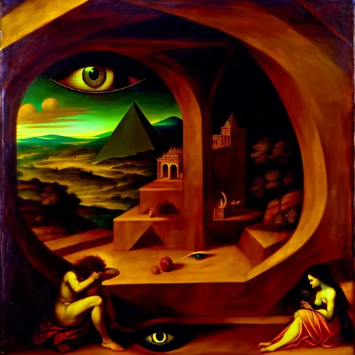 Prompt: renaissance painting, demon, fear, solitude, triangle, eye, alchemy,