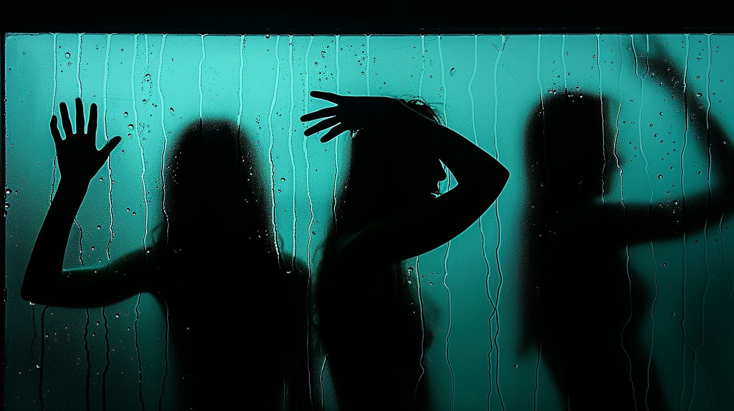 Prompt: silhouette of girls dancing behind a frosted glass wall