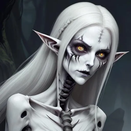 Prompt: Character illustration of a sinister female elf revenant looking for vengeance. She has a beautiful face ruined by death. She has a nasty scar through one eye. Her features are gaunt and sunken with hollow cheeks. She looks starved. She is pale and pallid with a deathly pallor. She is skinny and bony and skeletal. Her hair is white. Her eyes are white. Her ornate heavy armour is silver but looks ancient and weathered, rusted in places.  She looks mysterious and sinister. She is surrounded by shadows, gloom, and ghosts. Fantasy art with a gothic horror style. Ultra high definition image. HD. Professional art. 