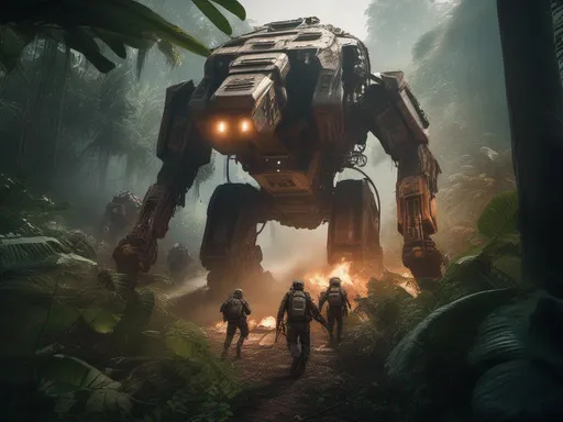 Prompt: RAW photo, a fighting mech escorting human soldiers through the jungle, big explotions, epic scale, futuristic sci-fi, large-scale machine, future battlefield, dynamic composition, intricate details, raytracing, hyper-detail, hyper-realistic