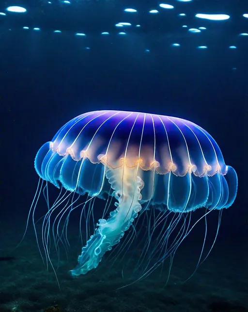 Prompt: An ethereal moon jellyfish floats gracefully in the deep blue ocean, its translucent body pulsating with an otherworldly glow. Delicate tentacles drift below the undulating umbrella as subtle beams of sunlight filter down through the rippling water above. Photographed underwater using a Nikonos V with 15mm lens, capturing the nuanced details and natural movements of the jellyfish with an environmental portrait style. In the marine aesthetic of Alberto Ghizzi Panizza.