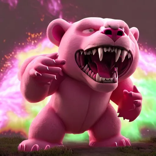 Prompt: Pink Bear, Wild, Foaming at Mouth, Roar, Demon Rage Mode Anger, Prophecy of Revelation, Anger Point, Max Attack Stat