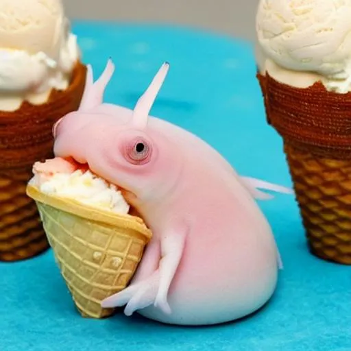 Prompt: Cute fat axolotl combined with an ice cream cone