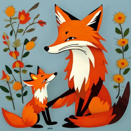 Prompt: Folk art fox holding a flower