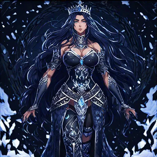 Prompt: highly detailed 8k UHD ultra realistic Full Body View anime goddess Queen of Kings, got raven hair. Dark as night icy eyes Nordic detailed fused with cell shade. six pack abs.