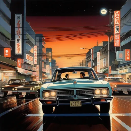 Prompt: 1970s, Tokyo at night, car chase, warm atmosphere, cartoony style, extremely detailed painting by Greg Rutkowski and by Henry Justice Ford and by Steve Henderson