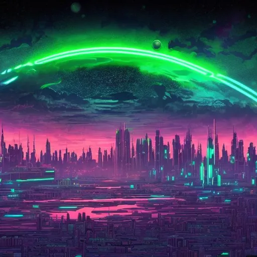 Prompt: the city of the year 2166
in neon color and a generic colorful full of planet sky