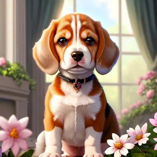 Prompt: Highly realistic of Beagle dog,cute,pretty eyes,Adorable,happy,playing,masterpiece,epic,soft lighting,fancy,highly detailed,Sharp focus,mansion,full of flowers,riches,living room,ultra-fine detailed,aesthetic,ilustration,artstation