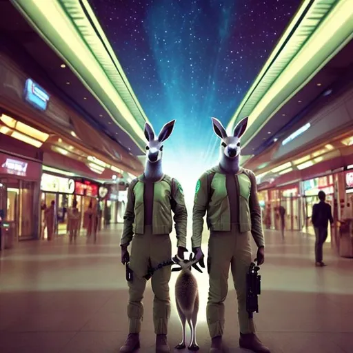 Prompt: Kangaroo security guards in a busy alien mall, widescreen, infinity vanishing point, galaxy background, surprise easter egg