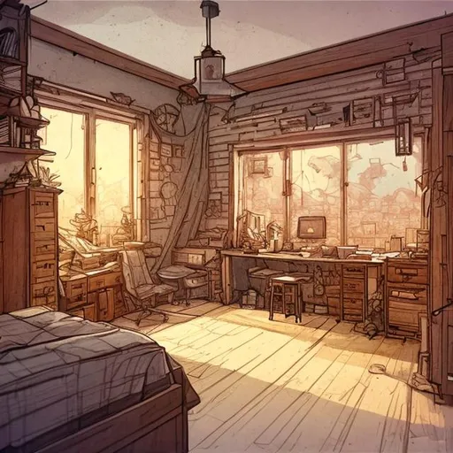 Prompt: isometric cozy bedroom with massive window and wooded floor concept art loose sketch by ian mcque