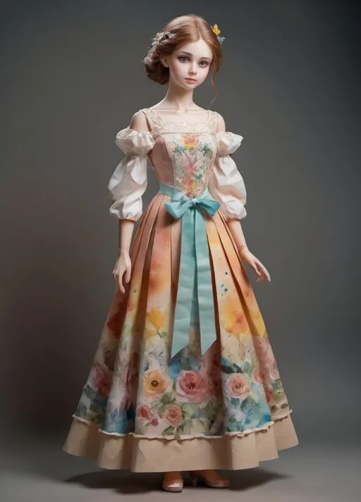 Prompt: young girl, long beautiful dress, a lot of details, high quality, standing straight, arms to the sides, paper doll, watercolor,