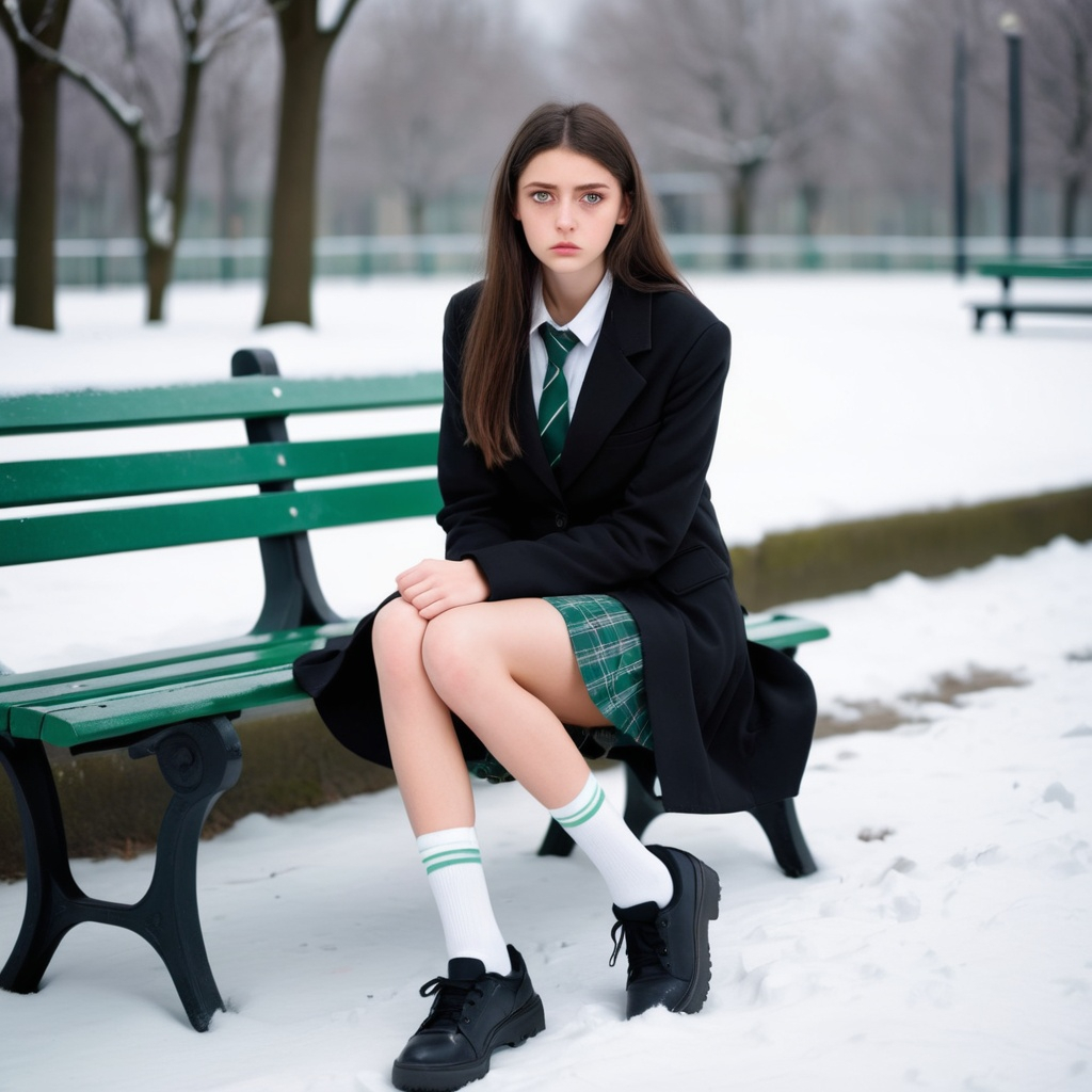 A very tall Brunette Girl with light green eyes sitt... | OpenArt