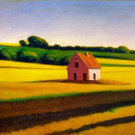 Prompt: Farmhouse in a cornfield with a tall oak tree beside it. Late afternoon. Shadows on ground. Edward Hopper style painting.