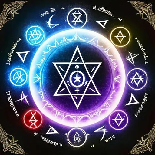 magic disk of elemental symbols, witchcraft runes i...