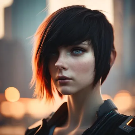 Prompt: portrait photo of a stylish beautiful girl, asymmetric hair cut, cyberpunk aestethic, heavenly beauty, 8k, 50mm, f/1.4, high detail, sharp focus, cowboy shot, perfect anatomy, arms behind back, sunshine on her face, sunset, window side