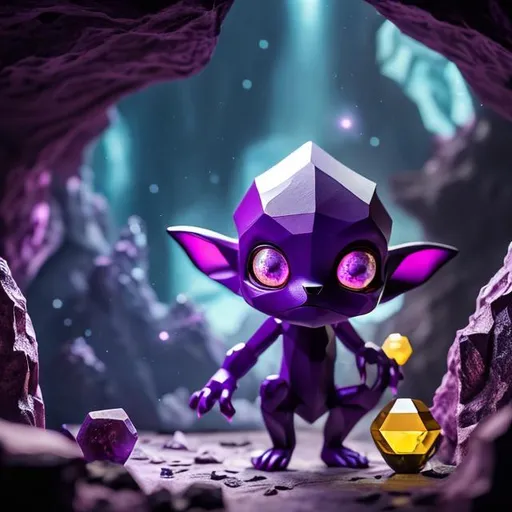 Prompt: Small purple humanoid figure, long pointy ears, large hexagon shaped gems for eyes, a large mouth with small pointy teeth, three fingers on each hand and three toes on each foot, short limbs, crouched stance, purples and blues, dim lighting, cave, spooky, goblin like, dark, smooth skin, crystals, genderless, clear image, sword, armor, adventure
