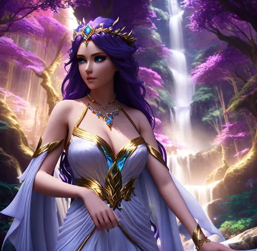 Prompt: 3D HD dramatic cinematic lighting [({one}{Goddess}Sorceress) wearing  {(liquid)Ivory}silk], expansive magical waterfall forest tree sparkles background, hyper realistic, 8K --s98500