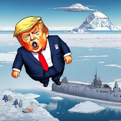 Prompt: Obese navy blip baby Trump hovering in the sky over a grey nuclear submarine in the bright white ice plains of Antarctica, too long red tie, navy blue suit, Sergio Aragonés MAD Magazine cartoon style 