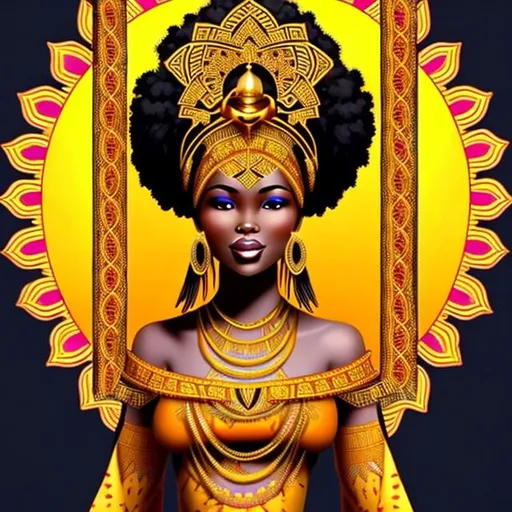 Prompt: Beautiful black goddess wearing traditional African royalty clothes, she is a sun goddess and very regal