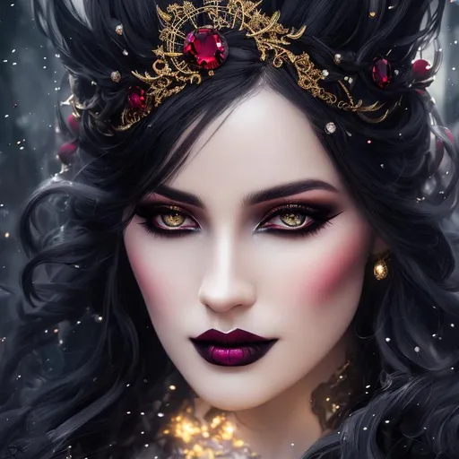 Prompt: a portrait of a beautiful goth wearing a gothic crown on her head with gold and red details, ice crystals in hair, long dark hair, dynamic lighting, photorealistic fantasy concept art, trending on art station, stunning visuals, creative, cinematic, ultra detailed, dark environment