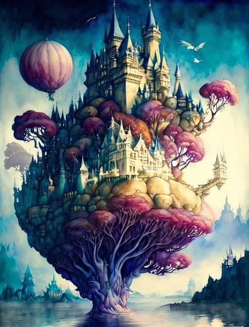 Prompt: A magical castle, floating in puffy clouds, surrounded by funny trees. Art by Daniel Merriam, AURIKA PILIPONIENE, IRA KENNEDY, Arthur Rackham, Dr Seuss, MARIA SERAFINA Tribunella, DEBBIE CRISWELL, Arief Putra, Anita Inverarity,  Itzchak Tarkay, remedios varo. Super clear resolution, cinematic smooth, polished finish, watercolor ink.