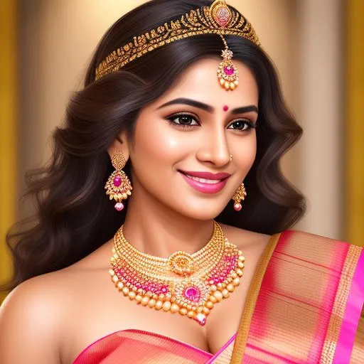 Prompt: long shot super detailed lifelike illustration, full realistic potrait, intricately detailed, dramatic ,curl hair with motherly smile, 
lighting, large muscles, gorgeous detailed face, wearing pink saree, girl with traditional look, enormous glow, aura , elegant,married women godess, beautiful, loving, pretty, royal looking beautiful smile, wearing gorgeous crown with head held up in proud and bravery