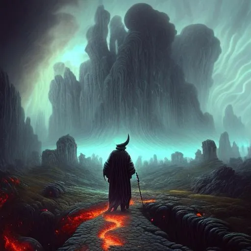 Prompt: ultra detailed ancient strange landscape, brave new world, style: Robert S. Duncanson painting, subject: wizard walking down a path close to camera wearing dark robes looking at horizon in background, very windy, ominous black tower ahead, rocky, there's a sunset on horizon but a bad storm cell rages ahead, octane render, unreal engine 5, blender render, light rays, bokeh.