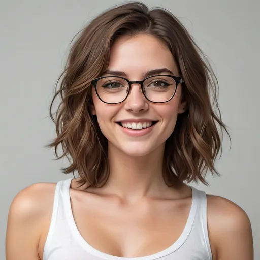 Prompt: create a realistic portrait of a woman with shoulder-length, wavy brown hair ad a slight undercut. She is wearing round black-framed glasses. She is smiling warmly and has a subtle nose ring. She is wearing shorts and a tight fitting, v cut tee shirt that shows clevage. She is fit, strong ad beautiful. 