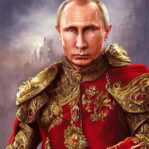 Prompt: fantasy detailed illustration Vladimir Putin, Russian, regal, royal, armor, god warrior, occidental, red, white, blue