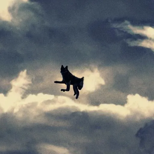 Prompt: Wolf flying through clouds 