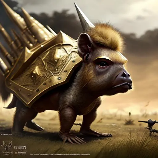 Prompt: Capibara in heavy armor, with golden fur, on a battlefield, dark fantasy, perfect composition, hyperrealistic, super detailed, 8k, high quality, trending art, trending on artstation, sharp focus, studio photo, intricate details, highly detailed