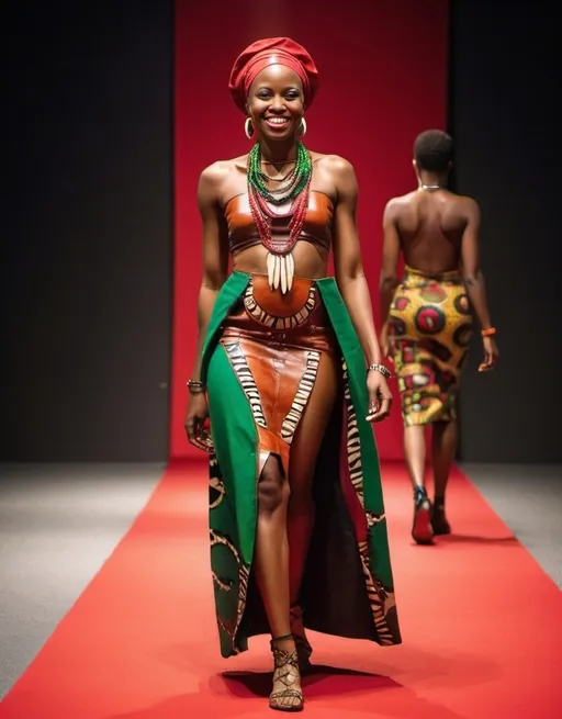 Prompt: a African woman with a bright smile walking down a runway wearing leather printed African dress with leather and cowrie shells necklaces on her head and around her neck and a red, black and green background, and bright red rug Chinwe Chukwuogo-Roy, afrofuturism, complementing colors, a picture