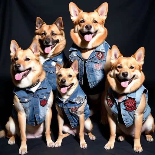 Prompt: medium dogs wearing a heavy metal music denim vest with patches in a group band photo 