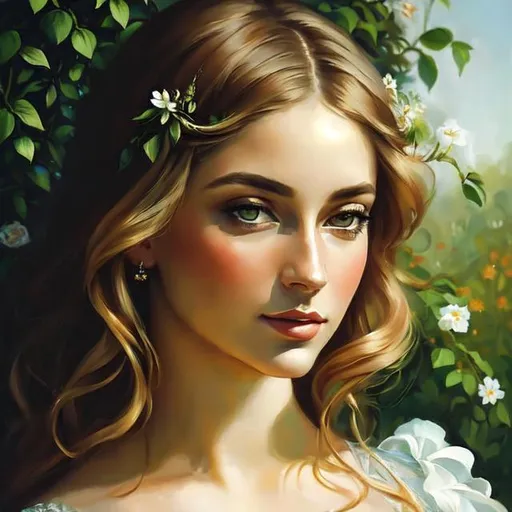 Prompt: Realistic painting of a beautiful woman in a garden, perfect composition, super detailed, high quality, painting strokes, intricate details, highly detailed, renaissance painting, baroque painting, paint texture, symmetrical face, ideal human, ultra details, ethereal lighting 