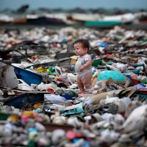 Prompt: a baby alone in an ocean of rubbish