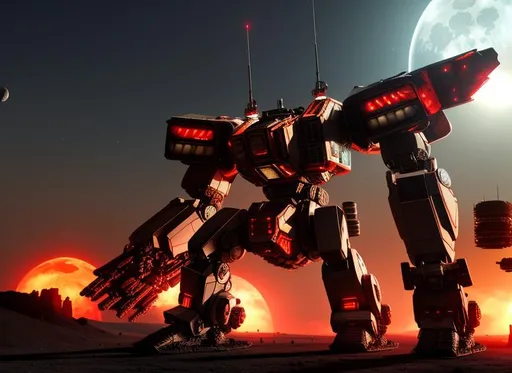 Prompt: HDR, UHD, 64k, Long shot, Hyper realistic, High Resolution Scan, Cinematic, On the Moon, Wide-Angle, tiny city at the bottom and gigantic black armored warrior  mech with Station on the Back, coming through Portal, red glowing armor parts