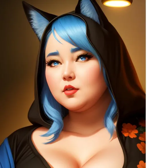 Prompt: full character in view, oil painting, UHD, hd , 8k, , hyper realism,   Very detailed, zoomed out view, standing fat beauty female character that is blue cat onesie with a cat hood, wearing  wearing an orange kimono over top her pajama's and is summoning lighting