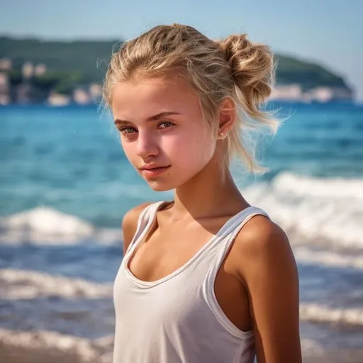 Prompt: 15 years old Slavik girl with blond hair in messy bun on the croatian beach realistic
