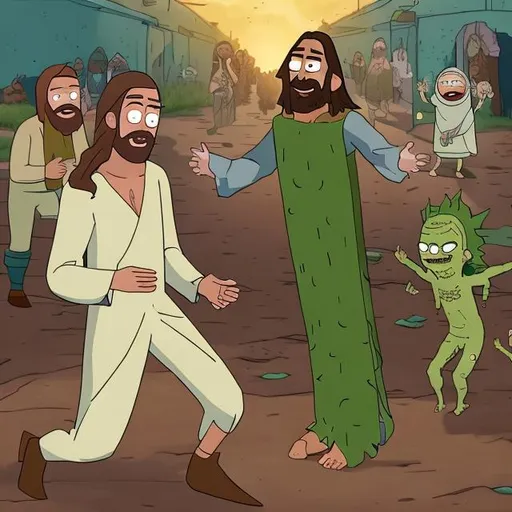 Prompt: jesus turns rick into a pickle, pickle rick