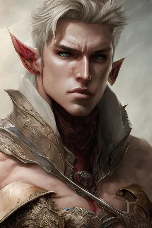 Prompt: High detailed portrait, digital art style, comic book style, anime style, male character, sharp jawline fantasy world, elf ear, short white hair, male, warrior, blushed face, red eyes, by greg rutkowski and alphonse mucha, sharp focus,  green scale
